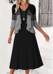 Striped Tummy Coverage Black 3/4 Sleeve Dress and Cardigan