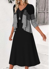Striped Tummy Coverage Black 3/4 Sleeve Dress and Cardigan