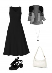 Striped Tummy Coverage Black 3/4 Sleeve Dress and Cardigan