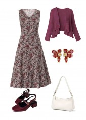 Paisley Print Tummy Coverage Dusty Purple Dress and Cardigan