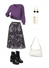Floral Print Tummy Coverage Dusty Purple Top and Skirt