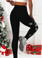 Snowflake Print Black Elastic Waist High Waisted Leggings