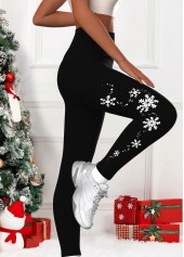 Snowflake Print Black Elastic Waist High Waisted Leggings