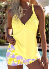 Mid Waisted Plants Print Tummy Coverage Yellow Tankini Set