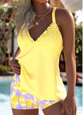 Mid Waisted Plants Print Tummy Coverage Yellow Tankini Set