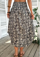 Floral Print Black A Line Elastic Waist Skirt