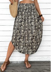 Floral Print Black A Line Elastic Waist Skirt
