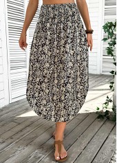 Floral Print Black A Line Elastic Waist Skirt