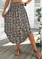 Floral Print Black A Line Elastic Waist Skirt