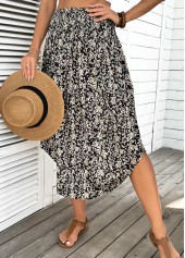 Floral Print Black A Line Elastic Waist Skirt