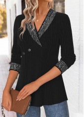 Tummy Control Black Long Sleeve Turn Down Collar Blouse