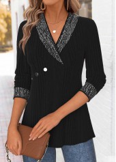 Tummy Control Black Long Sleeve Turn Down Collar Blouse