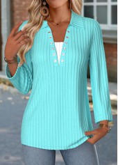 Fake 2in1 Cyan Long Sleeve Turn Down Collar Blouse