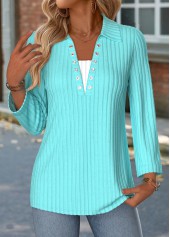 Fake 2in1 Cyan Long Sleeve Turn Down Collar Blouse
