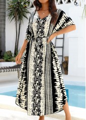 Tie Dye Print Belted Curved Hem Black Cover Up