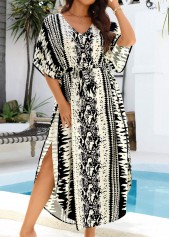 Tie Dye Print Belted Curved Hem Black Cover Up
