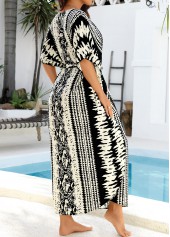 Tie Dye Print Belted Curved Hem Black Cover Up