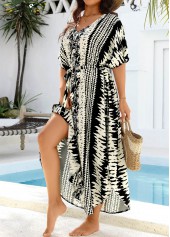 Tie Dye Print Belted Curved Hem Black Cover Up
