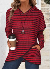 Striped Tummy Coverage Wine Red Long Sleeve Hoodie