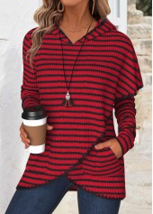 Striped Tummy Coverage Wine Red Long Sleeve Hoodie