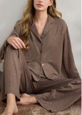 Gray Brown Turn Down Collar Lounge Top and Pants
