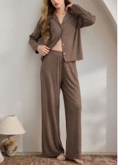 Gray Brown Turn Down Collar Lounge Top and Pants