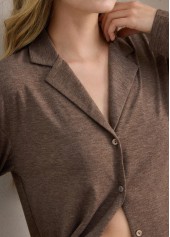 Gray Brown Turn Down Collar Lounge Top and Pants