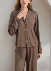 Gray Brown Turn Down Collar Lounge Top and Pants