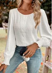 Tummy Coverage White Long Sleeve Round Neck Blouse