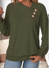 Button Olive Green Long Sleeve Asymmetrical Neck Sweatshirt