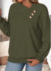 Button Olive Green Long Sleeve Asymmetrical Neck Sweatshirt