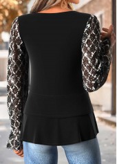 Tummy Coverage Black Long Sleeve Round Neck Blouse