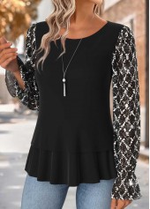 Tummy Coverage Black Long Sleeve Round Neck Blouse