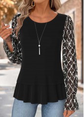 Tummy Coverage Black Long Sleeve Round Neck Blouse
