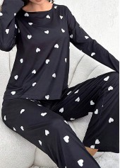 Heart Print Black Round Neck Lounge Top and Pants