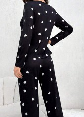 Heart Print Black Round Neck Lounge Top and Pants