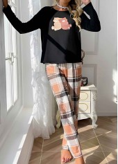 Plaid Light Coffee Round Neck Lounge Top and Pants