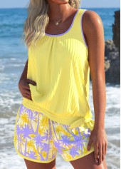 Mid Waisted Tropical Plants Print Tummy Coverage Tankini Set