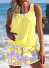 Mid Waisted Tropical Plants Print Tummy Coverage Tankini Set