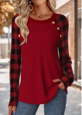 Plaid Tummy Coverage Wine Red Long Sleeve T Shirt