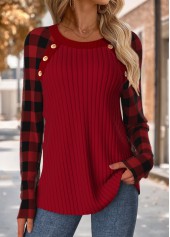 Plaid Tummy Coverage Wine Red Long Sleeve T Shirt