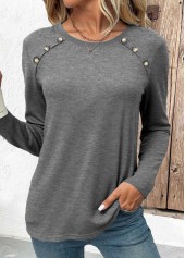 Button Grey Long Sleeve Round Neck T Shirt