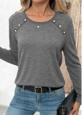 Button Grey Long Sleeve Round Neck T Shirt