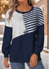 Striped Tummy Coverage Navy Long Sleeve Round Neck Sweatshirt