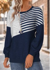 Striped Tummy Coverage Navy Long Sleeve Round Neck Sweatshirt