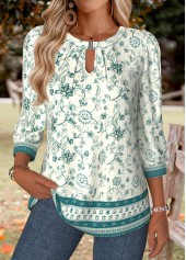Floral Print Tummy Coverage Turquoise 3/4 Sleeve T Shirt