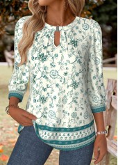 Floral Print Tummy Coverage Turquoise 3/4 Sleeve T Shirt