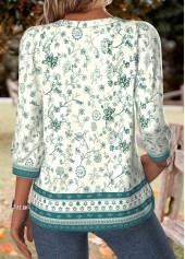 Floral Print Tummy Coverage Turquoise 3/4 Sleeve T Shirt