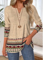 Tribal Print Tummy Coverage Light Camel T Shirt