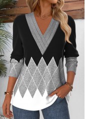Geometric Print Tummy Coverage Grey Long Sleeve T Shirt